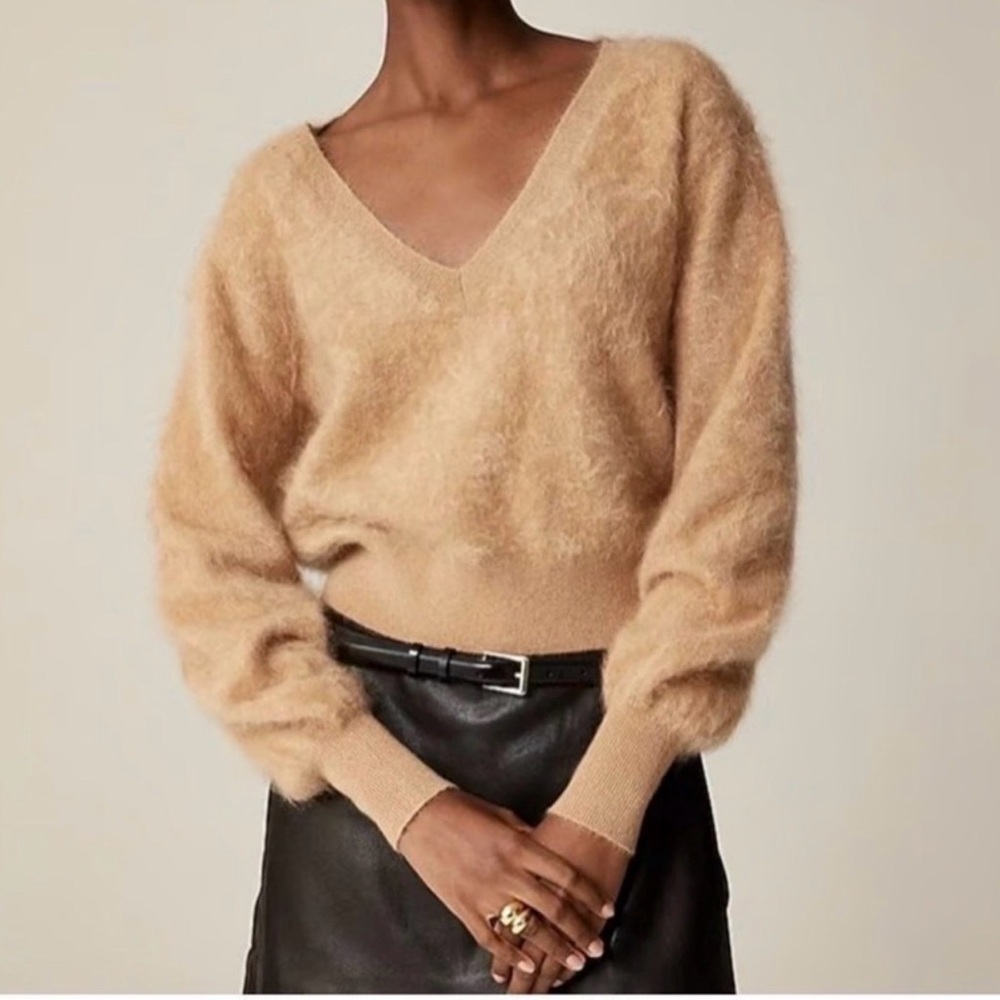 J Crew Brushed Cashmere Camel M V-Neck Sweater